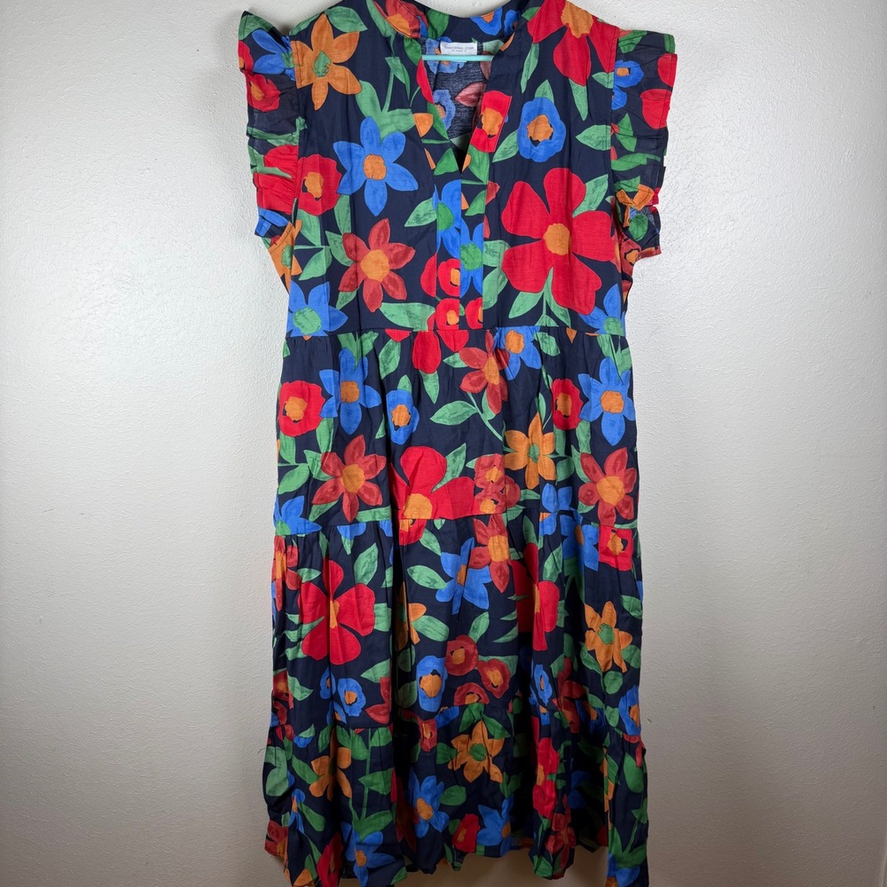 Chic Soul Womens Floral Tiered Midi Dress Ruffle Sleeve Navy Blue Multi Pockets